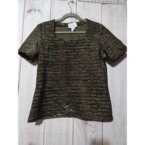 Vue Point Shirt Womens Large Gold Metallic‎ Square Neck Short Sleeve Glitter Top